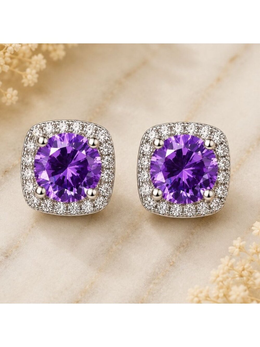 Vintage Purple Swarovski Crystal Halo Stud Earrings Silver Overlay 9.5mm